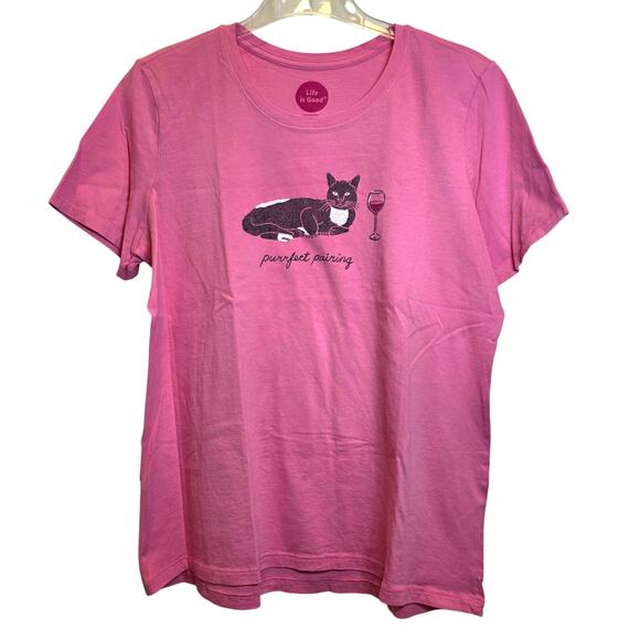 Life is Good Cat Wine Crusher Shirt Purrfect Womens Short Sleeve Sz Large Pink - Picture 1 of 7